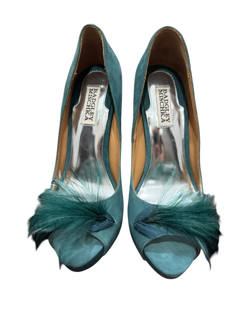 Badgley Mischka Teal Suede and Leather Feather Peep-Toe Pumps